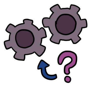 two desaturated-purple gears are pointed at by a blue arrow and a purple question mark